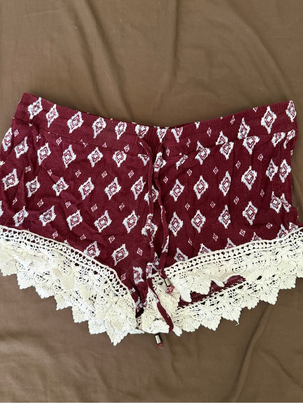 Burgundy Patterned Lounge Shorts with Lace Trim